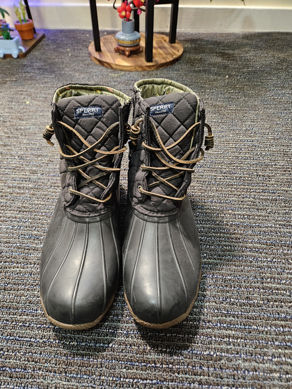 Sperry Quilted Black Duck Boots with Brown Laces